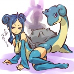 1:1 ambiguous_gender armwear blue_body blue_hair blue_skin butt clothed clothing cosplay countershading detached_sleeves duo female feral generation_1_pokemon grey_shell hair hitec human lapras looking_at_viewer mammal nintendo pokemon pokemon_(species) purple_eyes shell simple_background smile