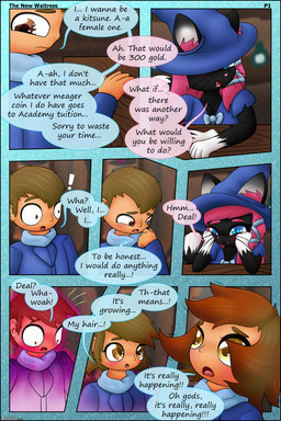 anthro biped black_body black_fur blue_eyes blush brown_eyes clothed clothed_anthro clothed_female clothed_male clothing dialogue dipstick_tail duo exclamation_point female female_anthro female_human front_view fur gender_transformation gloves_(marking) growth hair hair_growth hat headgear headwear male male_human markings motion_lines mtf_transformation open_mouth orange_eyes page_number pink_nose pupils side_view slit_pupils smile speech_bubble standing tail tail_markings text transformation transformation_through_magic white_markings witch_hat visorelle marri_(visorelle) domestic_cat felid feline felis human mammal 2021 2:3 absurd_res colored comic english_text hi_res story story_in_description