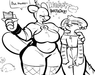 annoyed anthro big_breasts birthday bottomwear breasts cake cake_slice cartoon_freckles clothing confetti denim denim_bottomwear denim_clothing dessert duo eye_scar eyelashes eyes_closed facial_scar facial_tuft female fishnet_clothing fishnet_legwear food freckled_face freckles hat headgear headwear jeans legwear long_eyelashes o-ring pants party_hat plate scar shorts speech_bubble tail thick_thighs tuft wide_hips newtype_hero mizu_(onetiredbear) myla_(onetiredbear) beaver domestic_cat felid feline felis mammal rodent monochrome