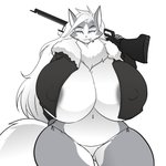 anthro areola areola_slip big_breasts bikini_thong black_leather_jacket breasts cigarette clothing curvy_figure female fur_collar_jacket gun hair huge_breasts hyper hyper_breasts jacket long_hair neck_tuft nipple_outline ranged_weapon rifle smile smoking sniper_rifle solo swimwear thong topwear tuft underwear voluptuous weapon wide_hips hayakain smoke_(sexyblaziken) the_bombshells_(sexyblaziken) canid canine canis mammal wolf 1:1 absurd_res hi_res