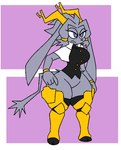 angry anthro antlers armor blue_eyes bottomless breasts clothed clothing female grey_body horn jagged_tail leggings legwear solo standing thick_thighs wide_hips gremlingrounded pseudoregalia sybil_(pseudoregalia) bovid caprine felid feline goat hybrid lagomorph leporid mammal rabbit flat_colors