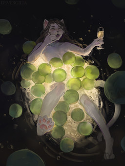 anthro bath blush breasts brown_hair eyes_closed female food fruit fur grape hair holding_champagne_glass nude open_mouth pawpads plant simple_background smile solo whiskers white_body white_fur devergilia lyubov_(devergilia) domestic_cat felid feline felis mammal 2025 3:4 hi_res