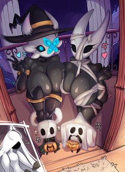 anthro big_breasts biped breast_squish breasts breasts_frottage clothed clothing eyebrows eyelashes female fingers group holidays legwear looking_at_viewer pupils size_difference squish standing thick_thighs thigh_highs three-quarter_view azura_inalis halloween hollow_knight:_silksong hollow_knight_(franchise) team_cherry grand_mother_silk hornet_(hollow_knight) lampy_(azura_inalis) sherma_(hollow_knight:_silksong) the_knight_(hollow_knight) arthropod vessel_(species) 2025 absurd_res hi_res half_sister_(lore) sibling_(lore) sister_(lore)