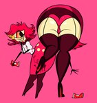 1_eye bent_over big_butt breasts butt clothing dress fangs female hair holding_object open_mouth open_smile panties presenting presenting_hindquarters reaching red_hair simple_background smile solo teeth thick_thighs underwear wide_hips yellow_body pixelz hazbin_hotel niffty_(hazbin_hotel) cyclops demon humanoid hi_res