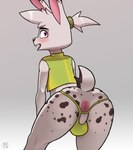 anthro anus backsack balls big_butt blush buckteeth butt clothing genitals hair hair_bun looking_at_viewer male open_mouth perineum presenting skimpy_underwear solo teeth thick_thighs thong underwear y_anus avioylin phobe_(lfswail) lagomorph leporid mammal rabbit hi_res