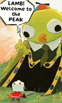 3_fingers ambiguous_gender anthro beak black_eyes cape clothing dialogue duo fingers fur green_body hat headgear headwear holding_object holding_weapon horn melee_weapon necktie orange_beak rear_view red_horn robe simple_eyes speech_bubble sword text weapon wool_(fur) cupsiie cult_of_the_lamb massive_monster_(studio) peak_(videogame) bing_bong_(peak) lamb_(cult_of_the_lamb) amphibian bovid caprine frog mammal sheep crossover english_text hi_res