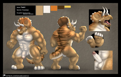 4_toes 5_fingers abs anthro balls biceps erection feet fingers foreskin frill_(anatomy) genitals horn male mouth_shot muscular muscular_anthro muscular_male nude nude_anthro nude_male open_mouth penis scar solo spines tail tan_body text toes tongue yellow_eyes bakameganekko teetri ceratopsian ceratopsid chasmosaurine dinosaur marginocephalian ornithischian prehistoric_species reptile scalie triceratops absurd_res hi_res model_sheet url