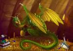 claws detailed_background feathered_wings feathers feral green_eyes solo spines tail treasure wings yellow_body yellow_feathers neboveria european_mythology mythology rankin/bass the_flight_of_dragons gorbash dragon mythological_creature mythological_scalie scalie western_dragon 2011 digital_media_(artwork)