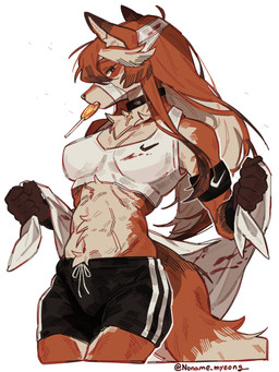 anthro athletic_wear bandage blood blood_on_clothing bodily_fluids bottomwear candy clothing dessert female food gym_bottomwear gym_shorts holidays lollipop one_eye_obstructed shirt shorts simple_background solo tank_top topwear white_background noname_myeong halloween jeanne_(noname_myeong) canid canine fox mammal 3:4 absurd_res hi_res