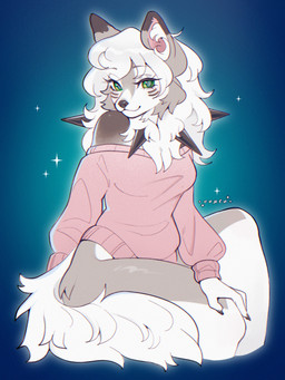 anthro black_nose bottomless brown_markings cheek_tuft claws clothed clothing eyelashes facial_tuft female female_anthro fur green_eyes hair inner_ear_fluff long_hair markings pink_clothing pink_sweater pink_topwear pokemorph sitting smile snout solo spikes spikes_(anatomy) sweater sweater_only tail tan_body tan_fur topwear topwear_only tuft white_body white_fur white_hair white_tail cepto_(artist) nintendo pokemon canid canine generation_7_pokemon lycanroc mammal midday_lycanroc pokemon_(species) 2024 colored digital_drawing_(artwork) digital_media_(artwork) hi_res shaded