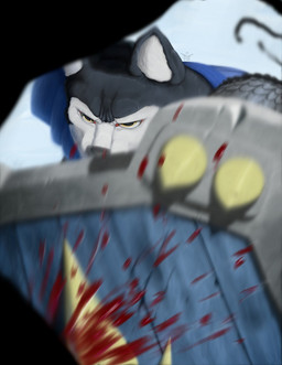 action_pose ambiguous_gender anthro armor black_body black_fur blood bodily_fluids frown fur motion_blur pose shield solo white_body white_fur yellow_eyes catterzi armello league_of_geeks magna_(armello) canid canine canis mammal wolf hi_res