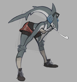 anthro bent_over bottomwear breasts breath clothing electronics exercise female headphones long_head non-mammal_breasts shorts solo sportswear taking_a_break topwear infezmite fish marine shark