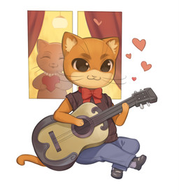 acoustic_guitar duo female guitar heart_symbol holding_object male musical_instrument plucked_string_instrument sitting string_instrument window cristalavi domestic_cat felid feline felis mammal hi_res