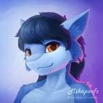 anthro black_hair blue_body blue_fur fur hair inner_ear_fluff long_hair looking_at_viewer male nude orange_eyes outline simple_background smile solo tuft mikapoofs mythology dragon mythological_creature mythological_scalie scalie 1:1 bust_portrait portrait signature watermark