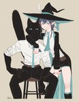 anime_style anthro athletic athletic_anthro athletic_male black_body black_fur blue_hair duo female fur hair looking_at_viewer male tail witch_costume shikayoshi domestic_cat felid feline felis human mammal 2023 absurd_res hi_res