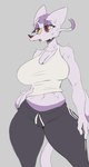 anthro athletic athletic_anthro athletic_female big_breasts black_sweatpants bodily_fluids bottomwear breasts cleavage clothed clothing dark_markings eye_markings eyebrows eyelashes facial_markings female fur grey_background half-closed_eyes head_markings lidded_eyes markings narrowed_eyes open_mouth pants pattern_clothing purple_body purple_fur purple_markings raised_inner_eyebrows red_eyes shirt simple_background small_waist solo standing striped_clothing stripes sweat tank_top thick_thighs topwear whisker_markings whiskers white_clothing white_shirt white_stripes white_tank_top white_topwear yellow_markings cooliehigh nintendo pokemon generation_5_pokemon mienshao pokemon_(species) hi_res