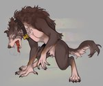 anthro bodily_fluids brown_body brown_fur collar digitigrade fur male name_tag saliva saliva_on_tongue saliva_string solo tittybat mythology canid canine mammal mythological_canine mythological_creature werecanid werecanine werecreature werewolf absurd_res hi_res