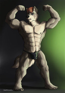 5_fingers 5_toes abs anthro armpit_hair backwards_baseball_cap backwards_hat baseball_cap biped black_claws black_nipples black_nose blue_eyes body_hair briefs broad_shoulders brown_hair bulge cheek_tuft claws clothed clothing detailed_bulge facial_hair facial_tuft feet fingers fist flexing flexing_bicep flexing_both_biceps fluffy fluffy_tail fur goatee hair hat headgear headwear humanoid_feet male male_anthro muscular muscular_anthro muscular_male nipples open_mouth pecs plantigrade pubes shocked simple_background solo standing tail tan_body tan_fur teeth tight_underwear toe_claws toes tuft underwear underwear_only whiskers worried sampsonwoof mythology canid canine canis mammal mythological_canine mythological_creature werecanid werecanine werecreature werewolf wolf 2015 digital_drawing_(artwork) digital_media_(artwork) shaded signature soft_shading story story_in_description