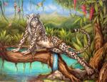 2016 anthro aurancreations barefoot biped blue_eyes breasts detailed_background duo feet felid female flower forest fur hair jewelry jungle leopard long_hair looking_at_viewer mammal markings mostly_nude nipples outside pantherine pink_nose plant smile snow_leopard solo spots spotted_body spotted_fur teiirka traditional_media_(artwork) tree water white_hair