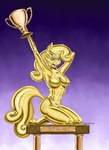 anthro anthrofied award bikini bikini_bottom bikini_top breasts clothing cutie_mark female female_anthro golden_body half-closed_eyes hand_behind_head holding_award holding_object holding_trophy hooves horn kneeling looking_at_viewer luster_dust mane narrowed_eyes navel nipple_outline open_mouth raised_arm solo swimwear teeth text tongue trophy two-piece_swimsuit unicorn_horn baron_engel friendship_is_magic hasbro my_little_pony mythology sweetie_belle_(mlp) equid equine mammal mythological_creature mythological_equine unicorn 2019 hi_res signature traditional_media_(artwork)