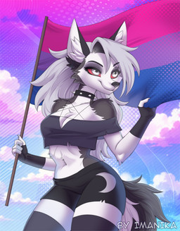 anthro biped bisexual_pride_colors bottomwear breasts claws clothed clothed_anthro clothed_female clothing cloud countershade_torso countershading female fingers flag flag_(object) front_view fully_clothed fully_clothed_anthro fully_clothed_female fur hair holding_flag holding_object lgbt_pride navel pride_colors sky smile solo standing tail topwear imanika hellaverse helluva_boss mythology loona_(helluva_boss) canid canid_demon canine demon hellhound mammal mythological_canine mythological_creature 2026 digital_drawing_(artwork) digital_media_(artwork)