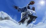 action_pose anthro asian_clothing asian_conical_hat black_body black_feathers bottomwear cart clothed clothing cloud detailed_background east_asian_clothing feathered_wings feathers hakama hat headgear headwear japanese_clothing male mountain outside pose sky snow solo what winged_arms wings osaki_eru avian bird crane_(bird) demoiselle_crane gruiform grus_(genus) 16:10 hi_res restricted_palette widescreen