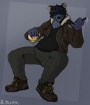 anthro blinding_bangs bottomwear burger claws clothed clothing food footwear fur gesture hair hair_over_eyes hand_gesture jacket male neck_tuft pants shaka_sign shoes simple_background slightly_chubby smile solo topwear tuft jezzlen sneaky_bear bear mammal ursine