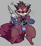 anthro bodily_fluids brown_body brown_fur bulge clothing ear_piercing ear_ring empty_eyes femboy fur gloves handwear male piercing red_eyes ring_piercing sharp_teeth solo sweat sweatdrop tail teeth thick_thighs xexeezy guardians_of_the_galaxy marvel rocket_raccoon mammal procyonid raccoon