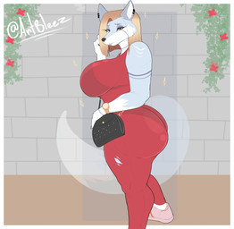 anthro big_breasts black_nose blonde_hair blue_body blue_fur bodysuit bra_lines breasts brick brick_wall clock clothed clothing ear_piercing ear_ring eyebrows eyelashes female footwear fully_clothed fur hair half-closed_eyes handbag looking_at_viewer multicolored_body multicolored_fur narrowed_eyes outside panty_lines piercing red_bodysuit red_clothing red_skinsuit ring_piercing shoes short_hair skinsuit sneakers solo standing text tight_clothing twitter_handle two_tone_body two_tone_fur wall_(structure) watch white_body white_fur wristwatch bleez_art bleez canid canine canis mammal wolf 2026 artist_name hi_res