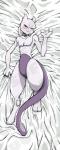 2_toes 3_fingers ambiguous_gender anthro bed biped bird's-eye_view blush collar dakimakura featureless_crotch feet feral fingers furniture grabbing_sheets high-angle_view looking_at_viewer lying naughty_face on_back on_bed smile solo toes kokoro-tokoro nintendo pokemon felid generation_1_pokemon legendary_pokemon mammal mewtwo pokemon_(species) 2013 dakimakura_design distracting_watermark hi_res watermark