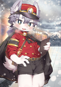 anthro black_bottomwear black_clothing black_shorts blush bottomwear clipboard clothing fur grey_hair hair hand_on_hip hat headgear headwear holding_clipboard holding_object kemono looking_at_viewer male mountain open_mouth outside red_clothing red_shirt red_topwear shirt shorts snow solo topwear uniform white_body white_fur young young_anthro young_male eisuke_art mammal 2025 absurd_res hi_res
