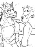 abs anthro barazoku bath biceps big_muscles duo fangs fur hair male muscular muscular_anthro muscular_male nipples pecs simple_background smile teeth wet wet_body kemonohenry canid canine canis mammal wolf hi_res monochrome