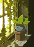 absurd_res ambiguous_gender blue_body elemental_creature feral flora_fauna generation_1_pokemon green_leaves hi_res hyogonosuke ivy_(plant) light nintendo oddish pastel_(artwork) plant plant_pot pokemon pokemon_(species) sleeping solo sunlight traditional_media_(artwork) vines window