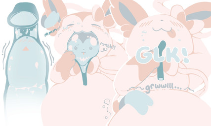 abdominal_bulge ambiguous_gender blush drinking drinking_straw duo endosoma eyes_closed feral fur in_mouth inflation liquid_body liquid_inflation onomatopoeia ribbons_(anatomy) rumbling_stomach safe_vore simple_background sound_effects spiral spiral_eyes text vore water_inflation white_background white_body white_fur willing_prey conduitcore nintendo pokemon eeveelution generation_1_pokemon generation_6_pokemon pokemon_(species) sylveon vaporeon 2023 5:3 comic hi_res