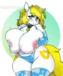 anthro areola big_breasts blonde_hair blue_eyes blush bodily_fluids breasts camel_toe clothed clothing collar cowbell cutie_mark equid equine female geeflakes hair hasbro heart_eyes heart_symbol hi_res holding_breast horn huge_breasts hyper hyper_breasts lactating legwear mammal my_little_pony mythological_creature mythological_equine mythology panties solo thick_thighs thigh_highs topless underwear unicorn white_body white_heart_(oc)