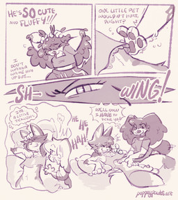animal_genitalia anthro balls bottomless bottomless_anthro bottomless_male casual_exposure casual_nudity chest_tuft clothed clothing dialogue female female_anthro femboy genitals inner_ear_fluff lipsticking male male/female male_anthro pawpads penis penis_tip petting sheath tail text tickling tuft puppeypawbs maple_(puppeypawbs) syrup_(puppeypawbs) calico_cat canid canine canis domestic_cat domestic_dog felid feline felis mammal 2026 comic english_text hi_res