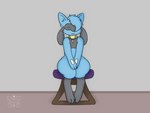 chair collar eyes_closed female furniture jewelry necklace simple_background sitting solo wide_hips temiest nintendo pokemon dani_(temiest) canid canine generation_4_pokemon mammal pokemon_(species) riolu 4:3 hi_res