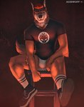 anthro arm_tuft black_clothing black_nose black_shirt black_t-shirt black_topwear blue_eyes cheek_tuft closed_smile clothed clothing elbow_tuft facial_tuft front_view fur hair jockstrap male mouth_closed neck_tuft orange_body orange_fur red_hair shirt short_hair sitting smile solo t-shirt topwear tuft underwear white_clothing white_jockstrap white_underwear acidwuff canid canine canis coyote mammal hi_res