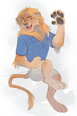 3_toes 5_fingers anthro black_nose blonde_hair blonde_mane blue_clothing blue_shirt blue_topwear bottomwear brown_eyebrows brown_pawpads cheek_tuft clothing eyebrows facial_tuft fangs feet fingers fur green_eyes grey_bottomwear grey_clothing grey_shorts hair looking_away male mane open_mouth open_smile orange_body orange_fur pawpads shirt shorts simple_background sitting small_ears smile solo tail tail_tuft tan_body tan_fur teeth toes topwear tuft whiskers yellow_sclera azzai felid lion mammal pantherine 2:3 colored colored_sketch digital_drawing_(artwork) digital_media_(artwork) shaded sketch