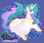 belly big_belly blush cutie_mark female feral hair horn multicolored_hair pregnant pregnant_female pregnant_feral simple_background solo tail text white_body wings arceus_tummy friendship_is_magic hasbro my_little_pony mythology princess_celestia_(mlp) equid equine horse mammal mythological_creature mythological_equine pony winged_unicorn english_text hi_res