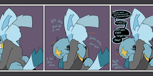 anthro blue_body bodily_fluids border clothed clothing comforting crying dialogue duo eyebrows fur grey_border hair holding_partner hug looking_at_another looking_at_partner male onomatopoeia shaking simple_background sound_effects speech_bubble tail tears text tremble_spikes trembling yellow_eyes gazaster nintendo pokemon gams_(gazaster) lex_(gazaster) canid canine eeveelution felid feline generation_4_pokemon glaceon mammal pokemon_(species) shinx 2025 comic digital_media_(artwork) english_text hi_res signature nonbinary_(lore)