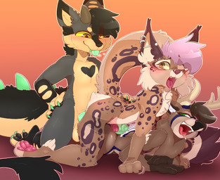 anthro antlers balls big_penis blush bodily_fluids brown_body brown_fur butt claws drooling ear_piercing erection facial_piercing feet fluffy fluffy_butt fluffy_tail frottage fur genital_fluids genitals group group_sex hair hindpaw horn hot_dogging humanoid_genitalia humanoid_penis internal looking_back male male/male nose_piercing nude open_mouth pawpads paws penile penis penises_touching piercing precum profanity ring_piercing saliva sandwich_position sex simple_background smile spiked_tail spikes spikes_(anatomy) tail teeth text toe_claws toes tongue tongue_out trio yellow_eyes yellow_sclera backsash ekolt_(character) kotoro_(kotokitten) canid canine canis deer felid feline felis hybrid lynx mammal 2023 digital_media_(artwork) english_text hi_res