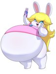 anthro belly big_belly blonde_hair blue_eyes cellphone clothing electronics female hair huge_belly hyper hyper_belly lipstick makeup obese obese_female overweight overweight_anthro overweight_female phone pink_clothing pink_lipstick pink_shirt pink_topwear selfie shirt solo thick_thighs tight_clothing topwear white_body princecoffeecakes mario_bros mario_plus_rabbids_kingdom_battle nintendo raving_rabbids rayman_(series) ubisoft rabbid_peach lagomorph mammal rabbid 2023 absurd_res cel_shading crossover hi_res shaded