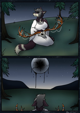 anthro antlers bone chain_jewelry clothing cracks dripping druid female grass horn magic_user moon mountain night plant robe skull solo star tree tribal_spellcaster arwenscoots conditional_dnp canid canine fox mammal comic hi_res