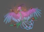 anthro beak biped blue_body clothing feathered_crest feathered_wings feathers green_eyes head_crest male pink_body rear_view scarf tail tail_feathers winged_arms wings tigersnowflake gyro_feather avian bird galliform peafowl phasianid absurd_res hi_res