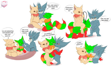 3_toes 4_fingers anthro balls blue_body blue_fur blue_hair blush bodily_fluids clothed clothing collar cuff_(restraint) cum cum_in_mouth cum_inside double_penetration eyewear eyewear_on_head feet feet_on_penis fingers foot_fetish foot_in_mouth foot_lick fur genital_fluids genitals goggles goggles_on_head green_body green_fur group hair handcuffed handcuffs humanoid_genitalia humanoid_penis humiliation jockstrap jockstrap_only leash leashed_collar licking male male/male metal_cuffs musk orange_body orange_fur penetration penis red_eyes restraints speech_bubble sweat tan_body tan_fur text toes tongue topless trio underwear underwear_only whip white_body white_fur yellow_sclera fennephilim_fox league_of_legends riot_games tencent laurence_sevastoff_laurent rumble_(lol) teemo_(lol) yordle 5:3 absurd_res english_text hi_res