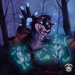 anthro autumn black_body black_fur bodily_fluids claws collar detailed_background erection feathers forest fur fur_markings genital_fluids genitals green_eyes grey_body grey_fur helpless holidays knot laugh male markings nude orange_body orange_fur pawpads penis plant precum scenery solo tears teasing teeth tickle_torture tickling tickling_armpits tickling_genitalia tickling_penis tree lemonlordvenom halloween caim_(chu-tora) canid canine canis domestic_dog ghost mammal shikoku_ken spirit spitz 1:1 absurd_res hi_res