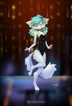 3_toes anthro barefoot clothed clothing digitigrade feet female leotard one_eye_closed solo standing text toes wink kiaun derideal laura_(derideal) domestic_cat felid feline felis mammal digital_media_(artwork) hi_res shaded url