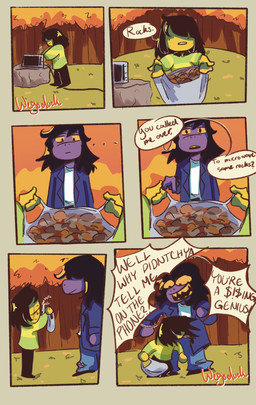 ambiguous_gender appliance bag black_hair border bottomwear brown_hair clothing dialogue duo ellipsis featureless_face female first_person_view forest front_view green_border hair happy humor kitchen_appliance microwave_oven nodding outside pants plant plastic_bag purple_body rock side_view size_difference speech_bubble teeth text torn_bottomwear torn_clothing torn_pants tree yelling yellow_body yellow_sclera yellow_skin yellow_teeth wegoduck deltarune undertale_(series) kris_dreemurr susie_(deltarune) human mammal monster 2021 colored comic english_text hi_res signature