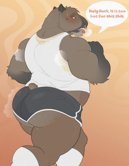 anthro athletic_wear big_butt bodily_fluids bottomwear brown_body brown_fur butt clothing ear_piercing facial_piercing footwear fur gym_bottomwear gym_shorts hotpants jogging male muscular muscular_anthro muscular_male musk nose_piercing nose_ring piercing ring_piercing shirt shorts socks solo speech_bubble sweat sweat_stain sweaty_butt tank_top text topwear white_clothing white_shirt white_tank_top white_topwear tylerstark capybara caviid mammal rodent 2024 english_text hi_res